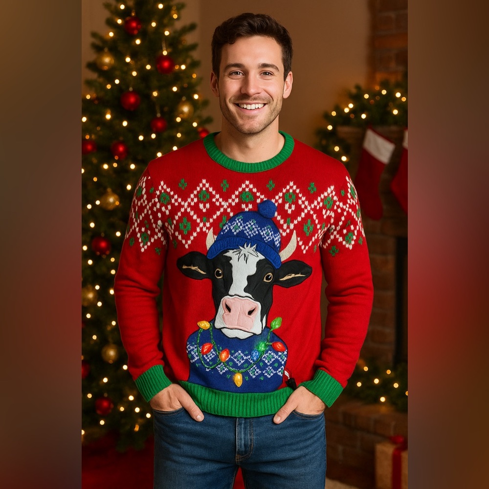 Holiday Time Ugly Christmas Cow Sweater w/ Working Lights Men’s Large